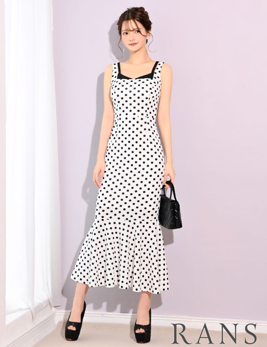 【rans】　ワンピース　ドット　ホワイト 即納][instock]【RANS】ロング/ドレス/ワンピース/ホワイト