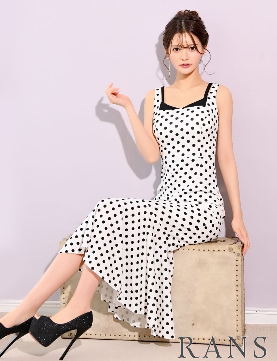 【rans】　ワンピース　ドット　ホワイト 即納][instock]【RANS】ロング/ドレス/ワンピース/ホワイト