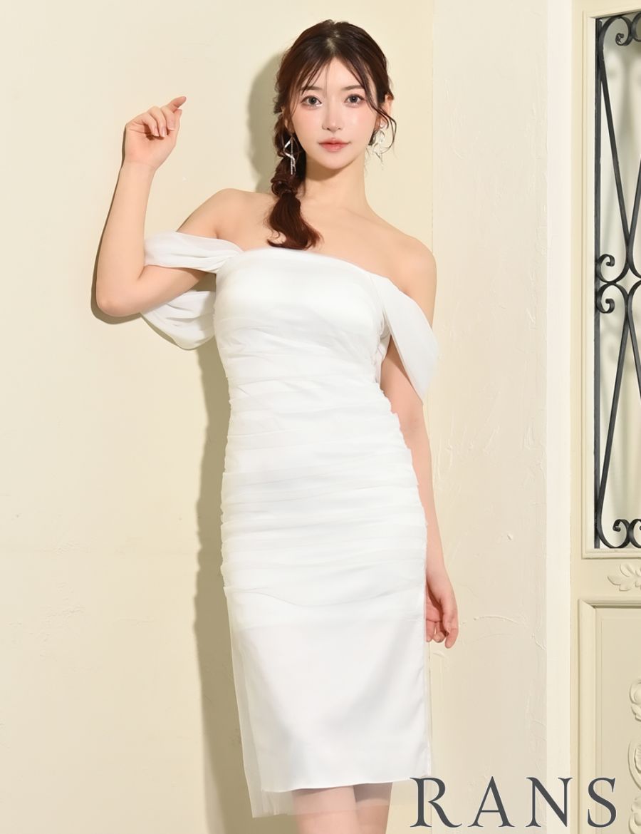 [即納][instock]【RANS】丈長/ドレス/ワンピース/ホワイト/オフショル/タイト/チュール/ドレープ