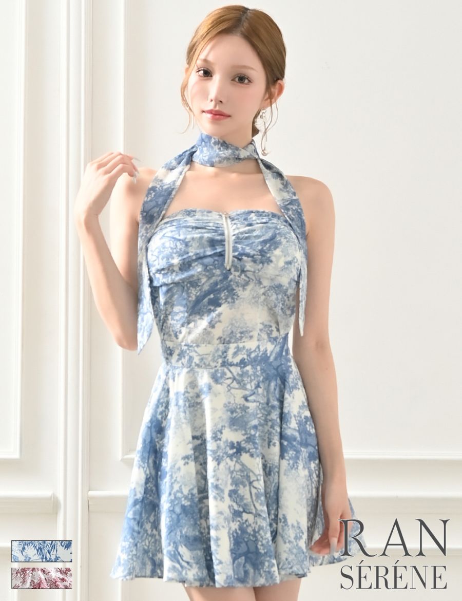 [Mのみ即納][instock]【RAN SERENE】ミニ/ドレス/セットアップ/ブルー/ベア/フレア/ドレープ/柄/トワルドジュイ