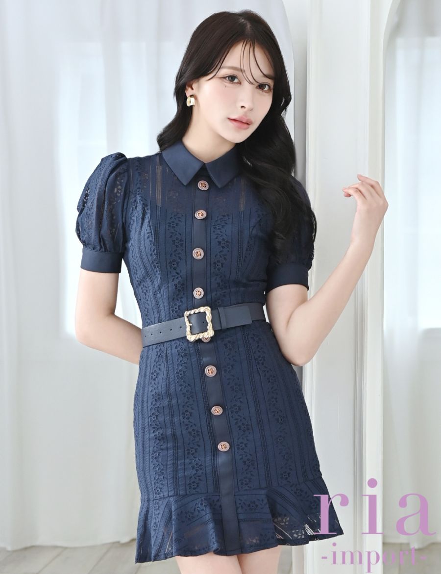 auralee ミニワンピース　ネイビー ria】ミニ/ドレス/ワンピース/ネイビー/襟付き/タイト/ベルト付き/袖