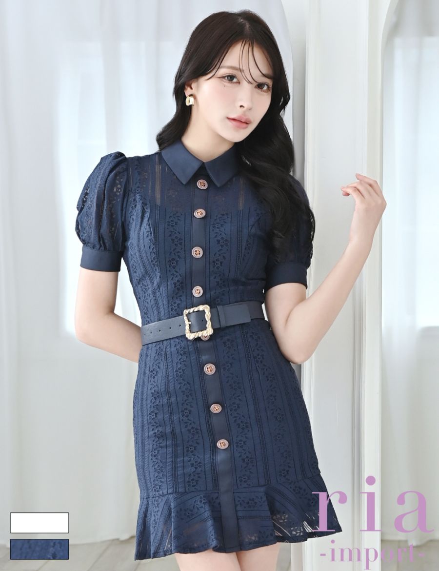 【ria】ミニ/ドレス/ワンピース/ネイビー/襟付き/タイト/ベルト付き/袖あり/レース