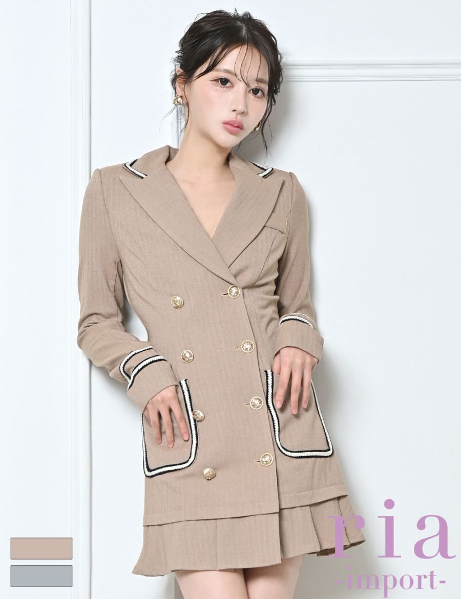 【ria】ミニ/ドレス/ワンピース/ベージュ/襟付き/袖あり/長袖/フレア