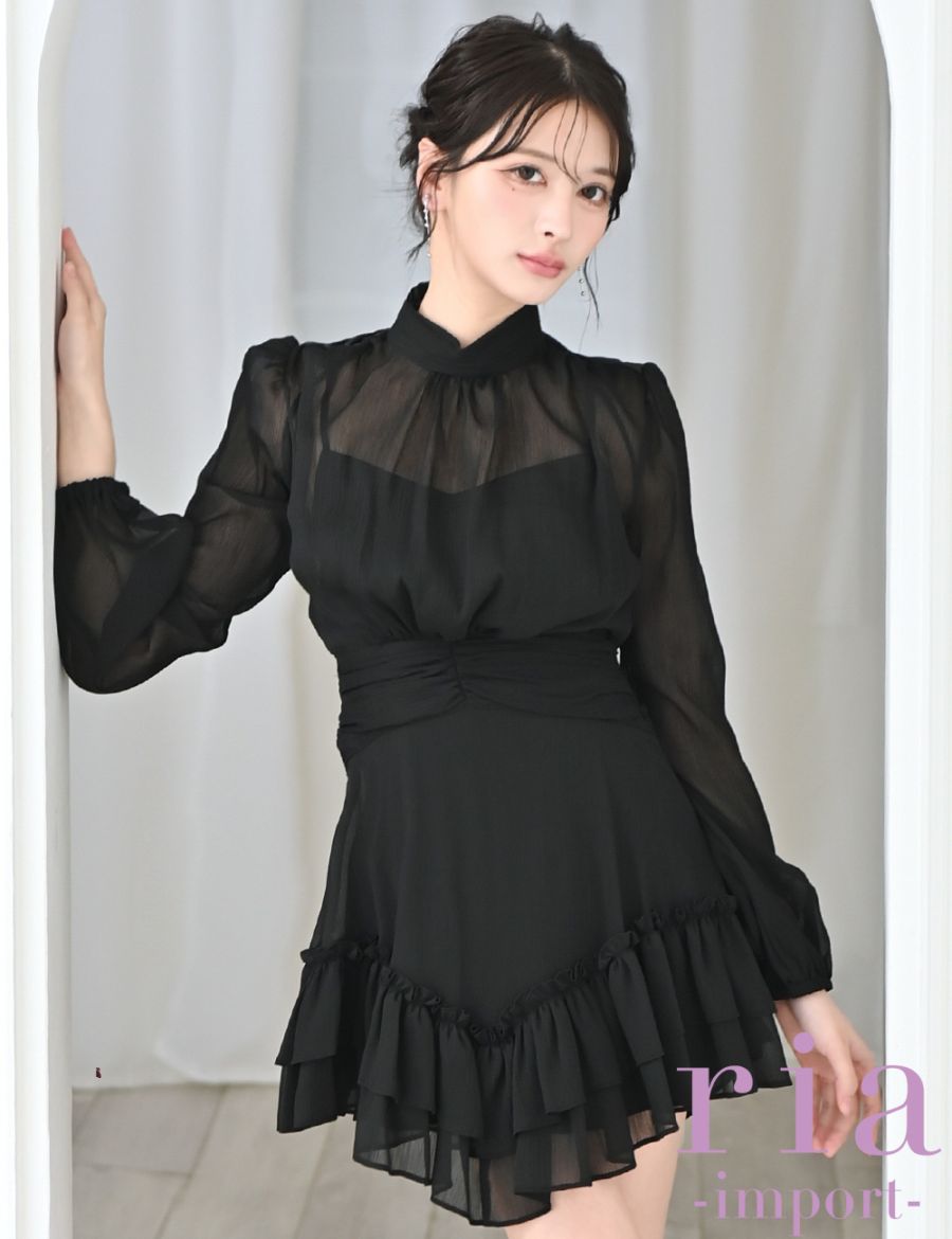ria】ミニ/ドレス/ワンピース/ブラック/袖あり/長袖/フレア/シフォン