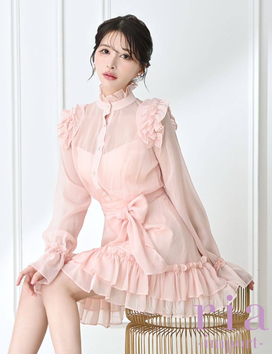 ria】ミニ/ドレス/ワンピース/ピンク/袖あり/長袖/フレア/シフォン