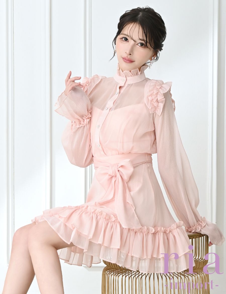 ria】ミニ/ドレス/ワンピース/ピンク/袖あり/長袖/フレア/シフォン