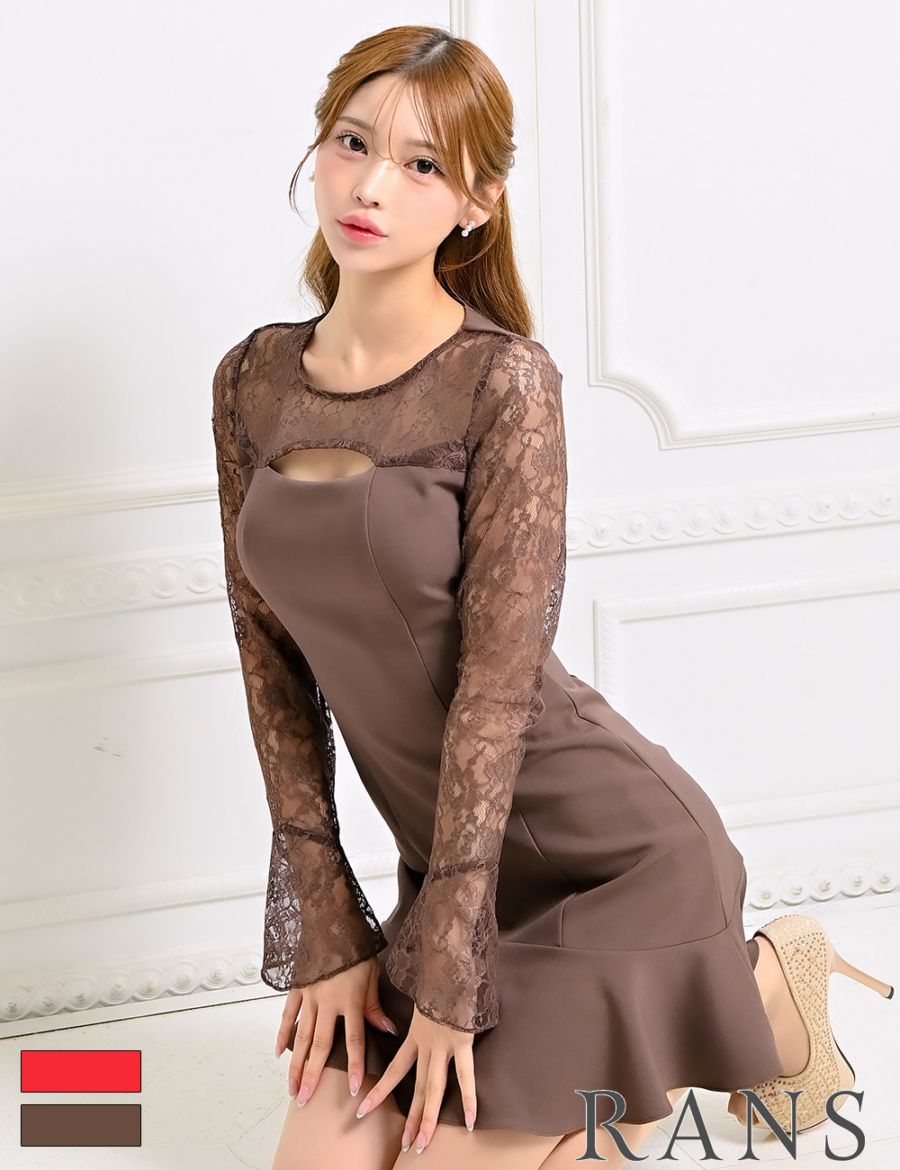 [即納][instock]【RANS】ミニ/ドレス/ワンピース/ブラウン/袖あり/長袖/フレア/レース