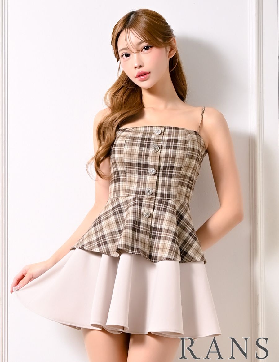 [即納][instock]【RANS】ミニ/ドレス/ワンピース/ベージュ/ブラウン/キャミ/フレア/レイヤード風/チェック