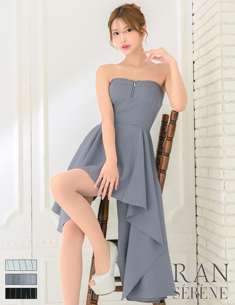 [即納][instock]【RAN SERENE】丈長/ミニ/ドレス/ワンピース/グレー/ベア/フレア/アシンメトリー/柄/ストライプ