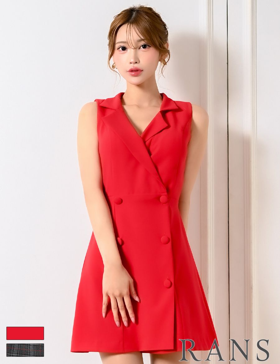 [即納][instock]【RANS】ミニ/ドレス/ワンピース/レッド/襟付き/フレア/リボン