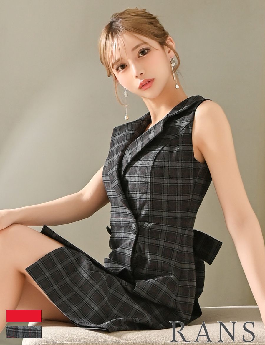 [即納][instock]【RANS】ミニ/ドレス/ワンピース/グレー/襟付き/フレア/リボン/チェック