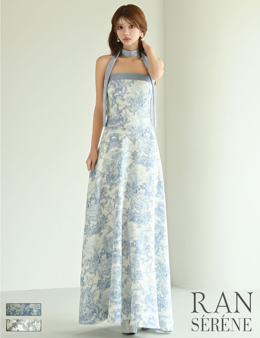 [即納][instock]【RAN SERENE】ロング/ドレス/ブルー/ベア/フレア/柄/トワルドジュイ/リボン