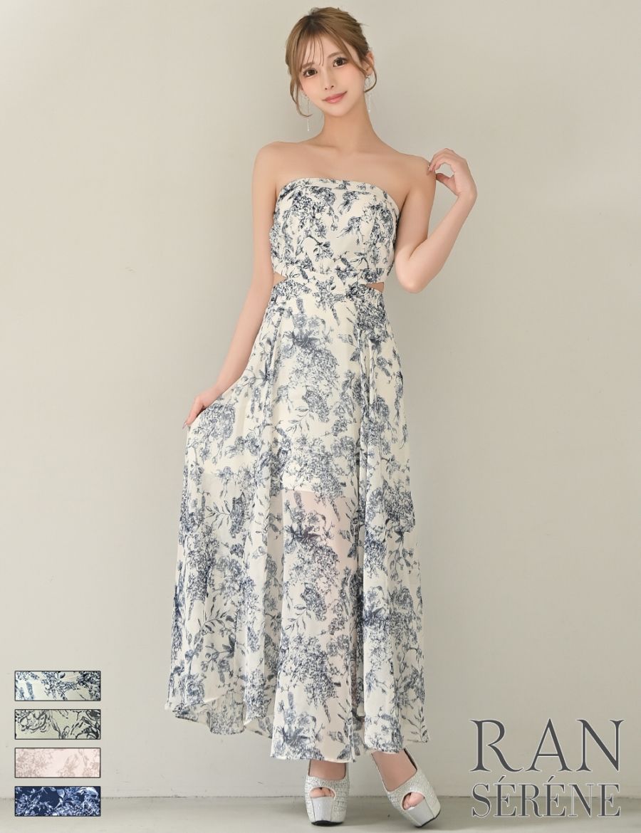 [即納][instock]【RAN SERENE】ロング/ドレス/ワンピース/ホワイト/ブルー/ベア/フレア/サイドカットアウト/柄/ボタニカル