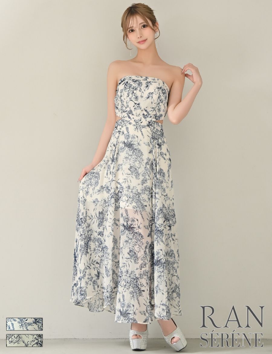 [即納][instock]【RAN SERENE】ロング/ドレス/ワンピース/ホワイト/ブルー/ベア/フレア/サイドカットアウト/柄/ボタニカル