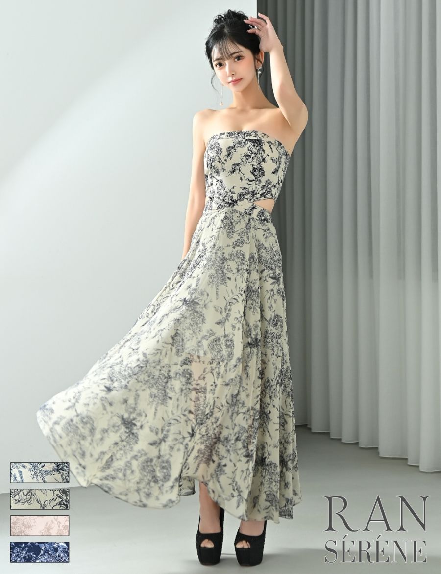 [即納][instock]【RAN SERENE】ロング/ドレス/ワンピース/ベージュ/ベア/フレア/サイドカットアウト/柄/ボタニカル