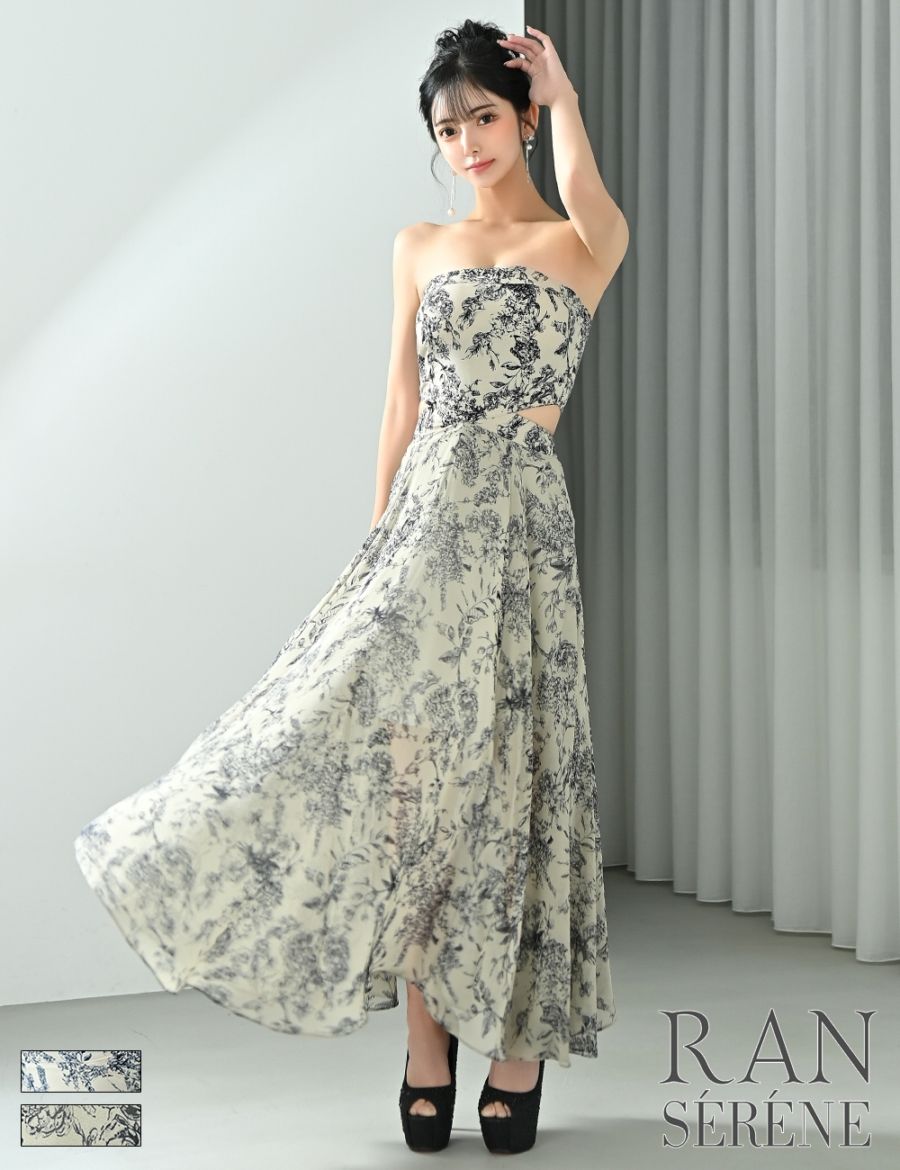 [Sのみ即納][instock]【RAN SERENE】ロング/ドレス/ワンピース/ベージュ/ベア/フレア/サイドカットアウト/柄/ボタニカル