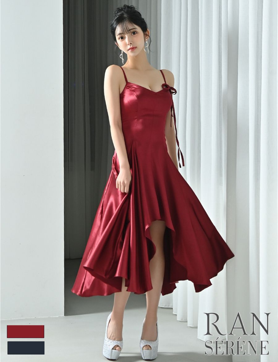 [Mのみ即納][instock]【RAN SERENE】丈長/ドレス/ワンピース/レッド/キャミ/フレア/サテン/リボン