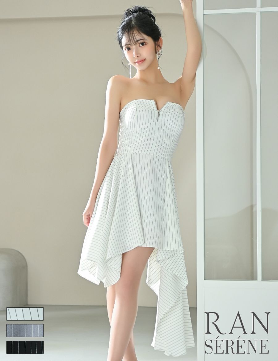 [即納][instock]【RAN SERENE】丈長/ミニ/ドレス/ワンピース/ホワイト/ベア/フレア/アシンメトリー/柄/ストライプ