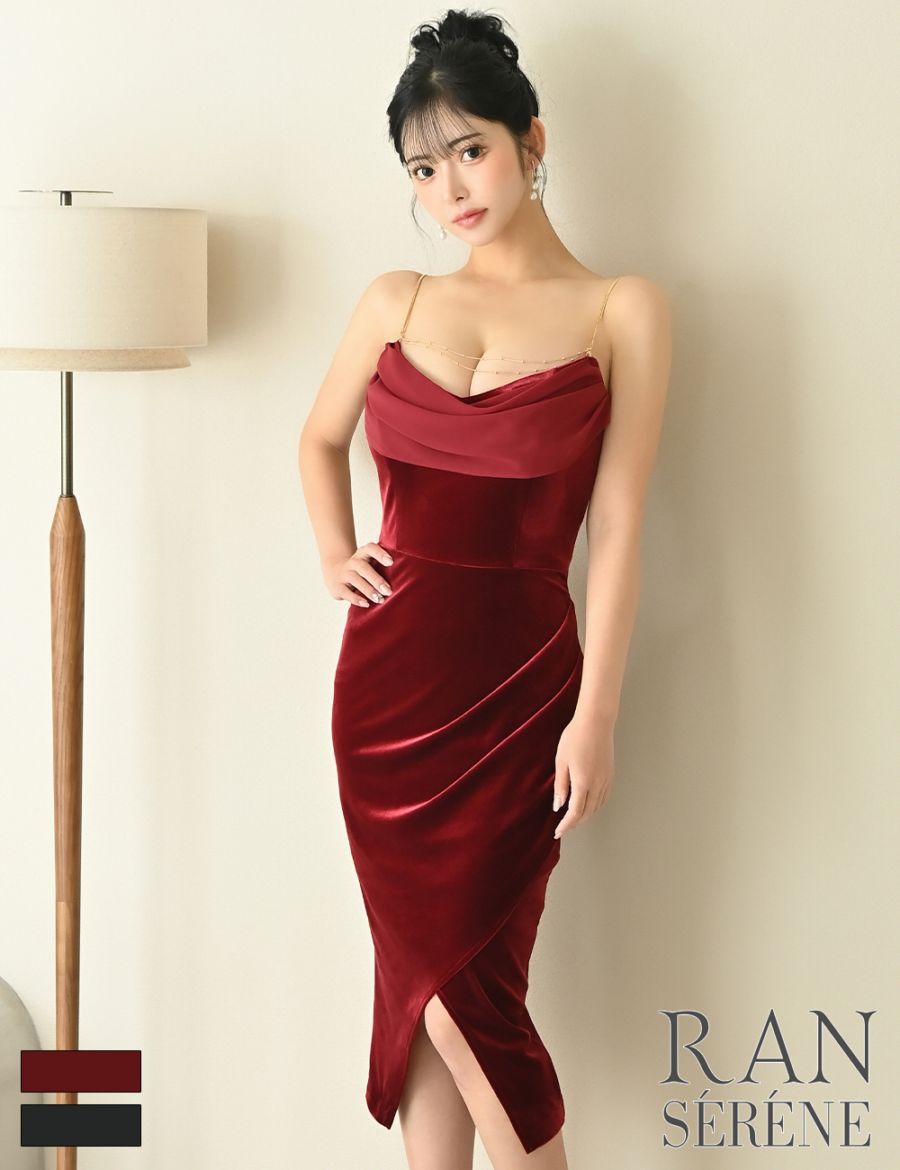 [Sのみ即納][instock]【RAN SERENE】丈長/ドレス/ワンピース/レッド/キャミ/チェーン/ドレープ/タイト/スリット/ベロア