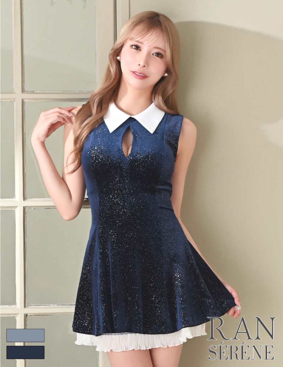 [即納][instock]【RAN SERENE】ミニ/ドレス/ワンピース/ネイビー/襟付き/フレア/レース/ベロア