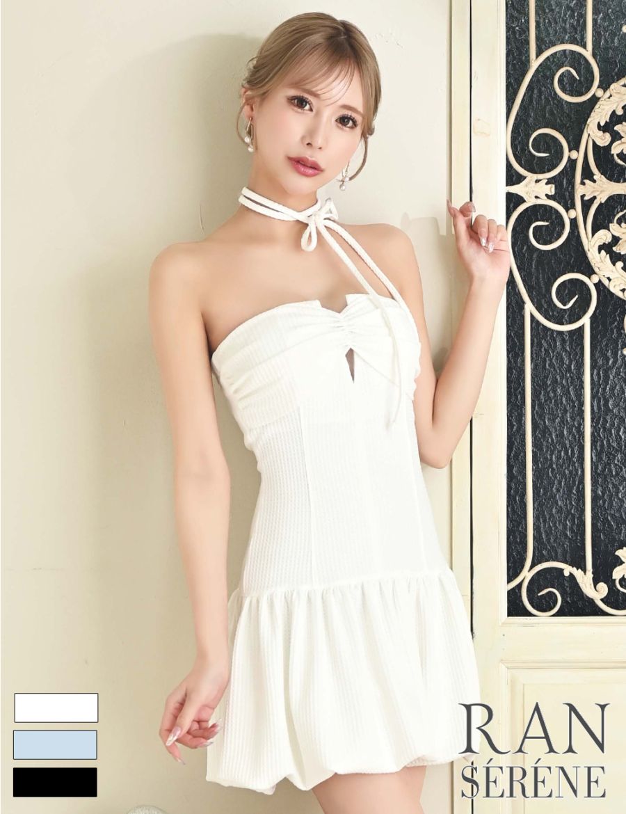 [Mのみ即納][instock]【RAN SERENE】ミニ/ドレス/ワンピース/ホワイト/ベア/バルーンスカート/ワッフル生地/リボン