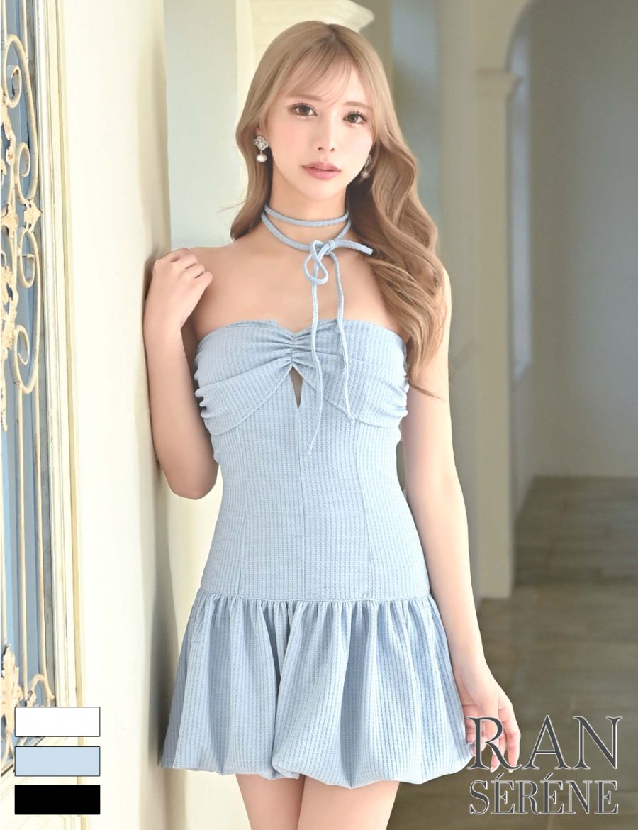 [即納][instock]【RAN SERENE】ミニ/ドレス/ワンピース/ブルー/ベア/バルーンスカート/ワッフル生地/リボン