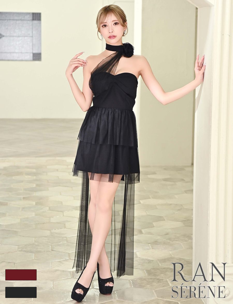 [Mのみ即納][instock]【RAN SERENE】ミニ/ロング/ドレス/ワンピース/ブラック/フレア/コサージュ/ローズ/シアー