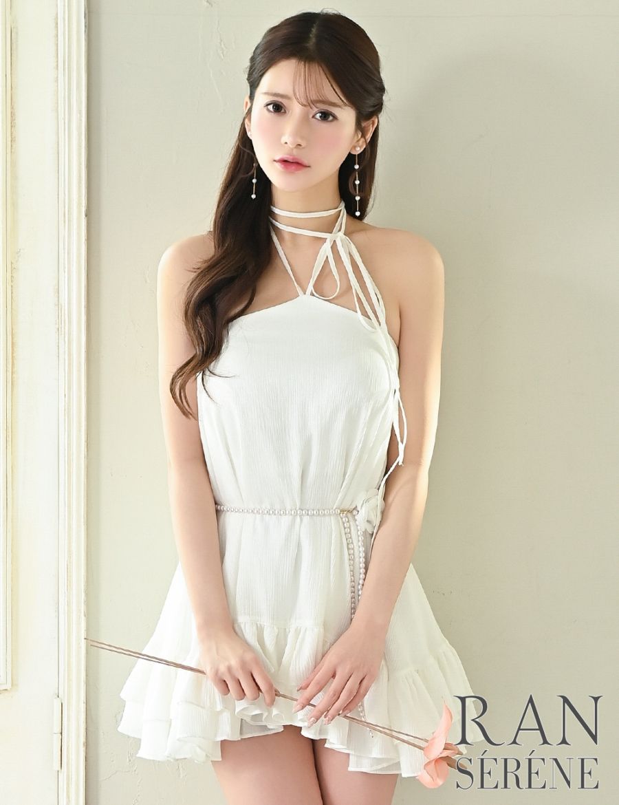 [即納][instock]【RAN SERENE】ミニ/ドレス/ワンピース/ホワイト/ホルターネック/フレア/コサージュ/ローズ