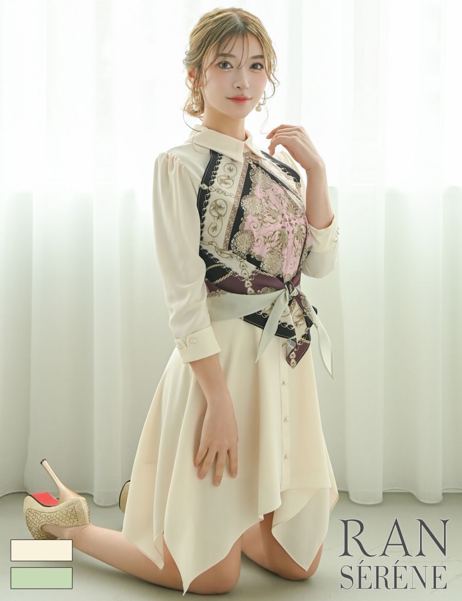 [予約商品]【RAN SERENE】ミニ/ドレス/ワンピース/ベージュ/襟付き/袖あり/七分袖/フレア/柄/スカーフ