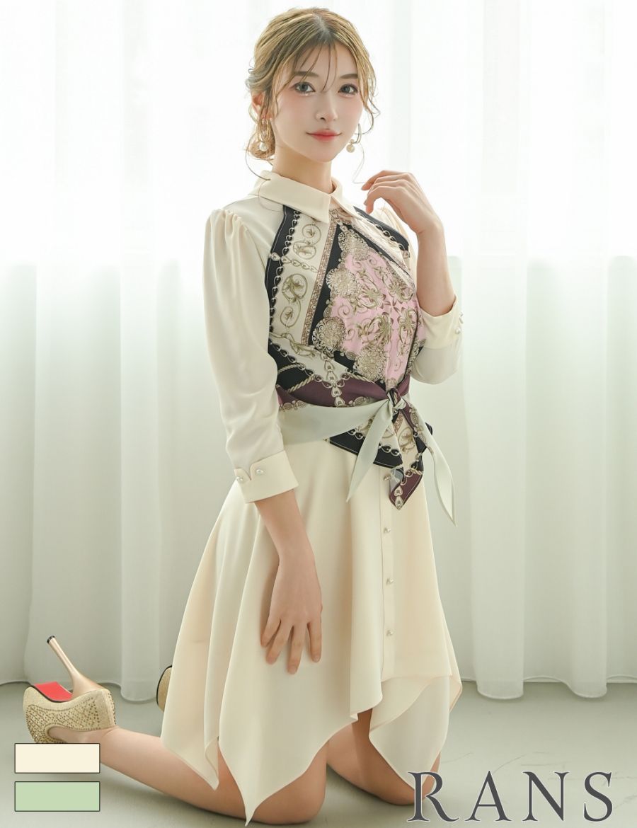 [Sのみ即納][instock]【RANS】ミニ/ドレス/ワンピース/ベージュ/襟付き/袖あり/七分袖/フレア/柄/スカーフ