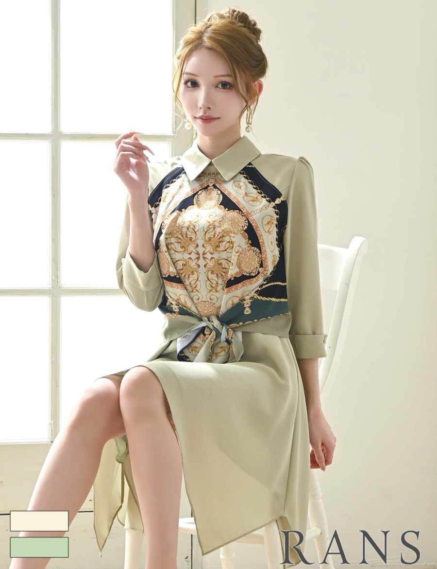 [Sのみ即納][instock]【RANS】ミニ/ドレス/ワンピース/グリーン/襟付き/袖あり/七分袖/フレア/柄/スカーフ