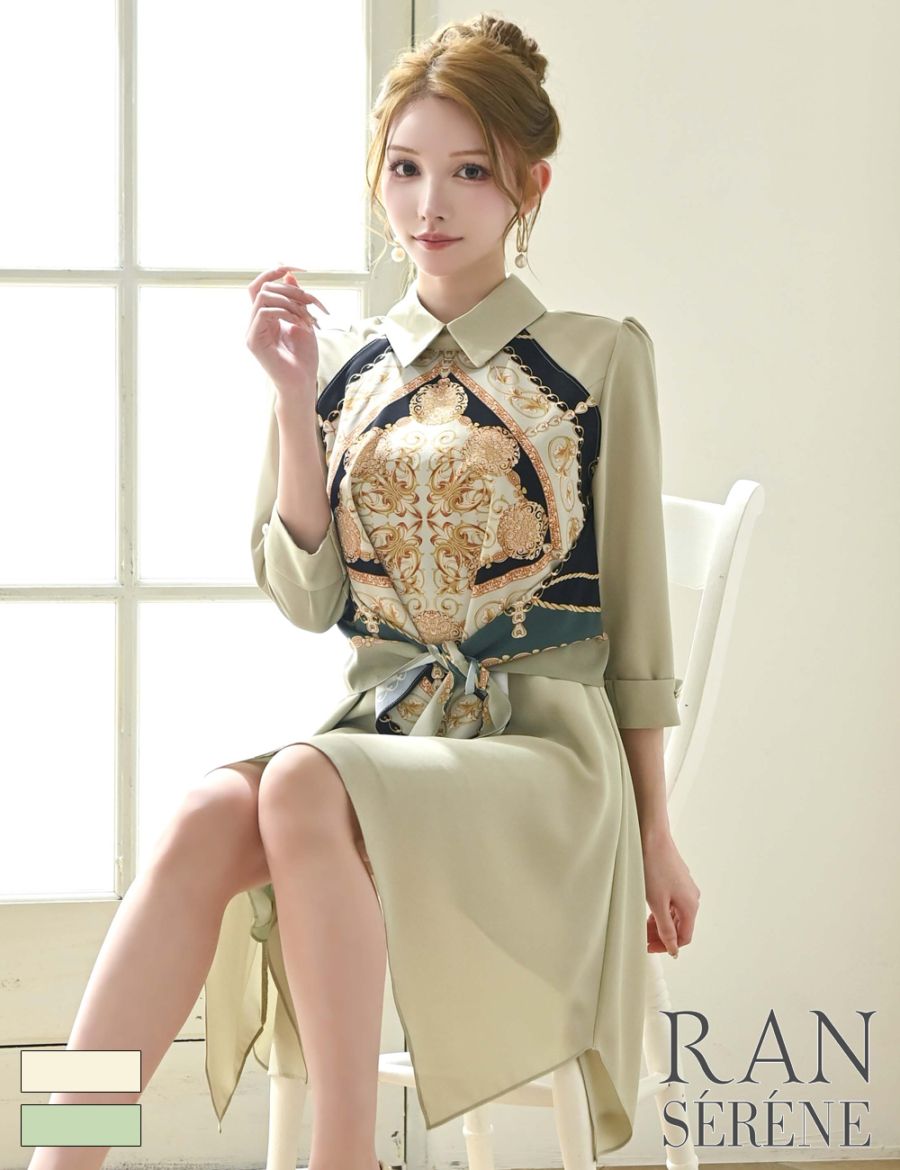 [予約商品]【RAN SERENE】ミニ/ドレス/ワンピース/グリーン/襟付き/袖あり/七分袖/フレア/柄/スカーフ