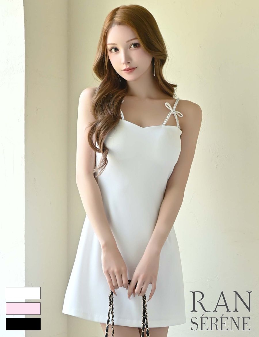 [即納][instock]【RAN SERENE】ミニ/ドレス/ワンピース/ホワイト/キャミ/フレア/ビジュー/リボン