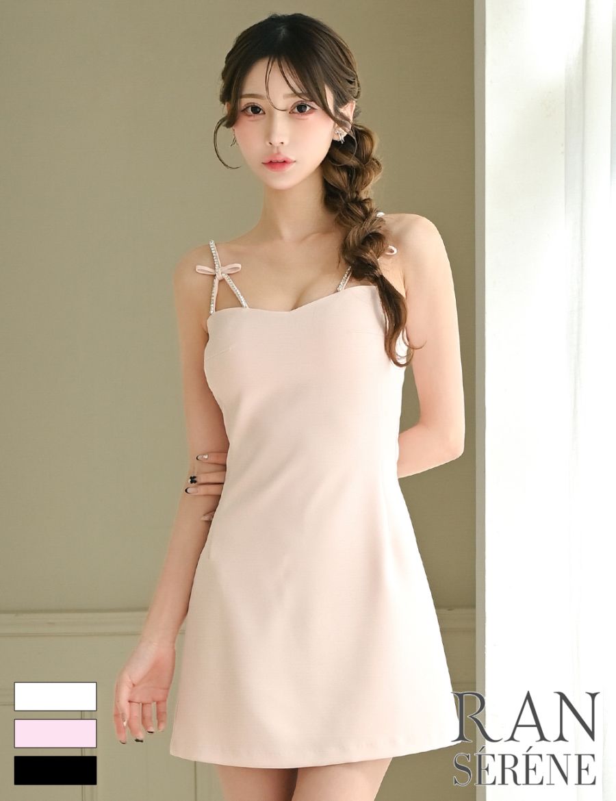[Sのみ即納][instock]【RAN SERENE】ミニ/ドレス/ワンピース/ピンク/キャミ/フレア/ビジュー/リボン