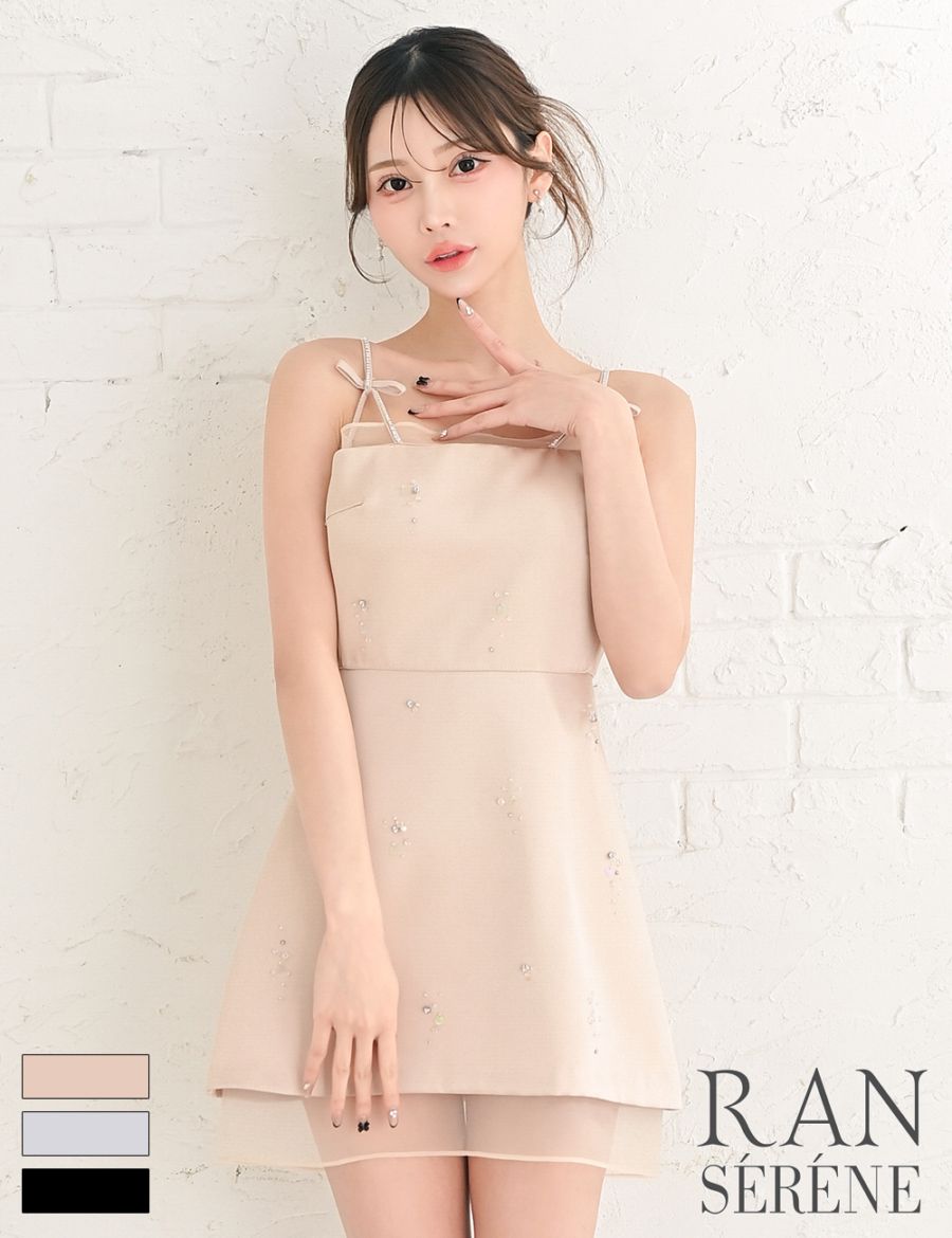 [Mのみ即納][instock]【RAN SERENE】ミニ/ドレス/ワンピース/ベージュ/キャミ/フレア/サテン/ビジュー/リボン/シアー