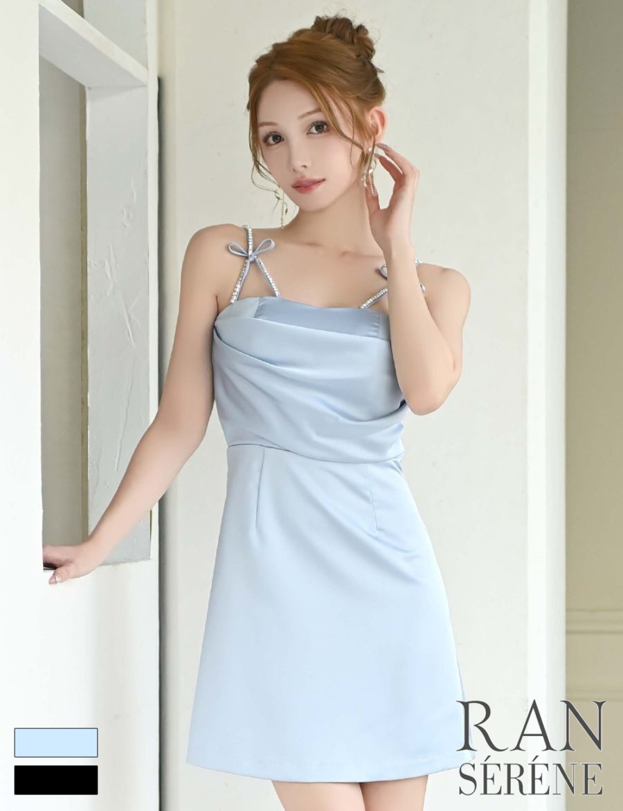 [即納][instock]【RANSERENE】ミニ/ドレス/ワンピース/ブルー/キャミ/フレア/サテン/ビジュー/リボン