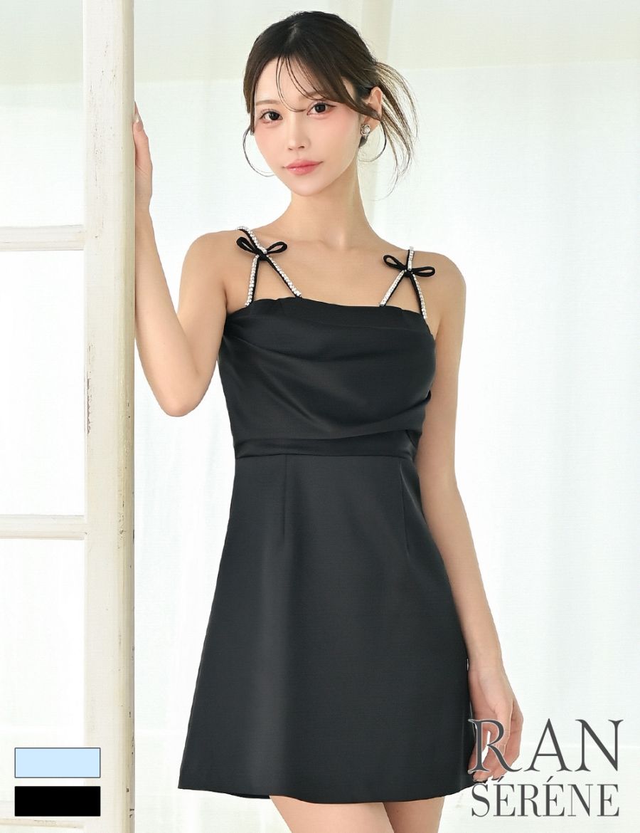 [即納][instock]【RANSERENE】ミニ/ドレス/ワンピース/ブラック/キャミ/フレア/サテン/ビジュー/リボン
