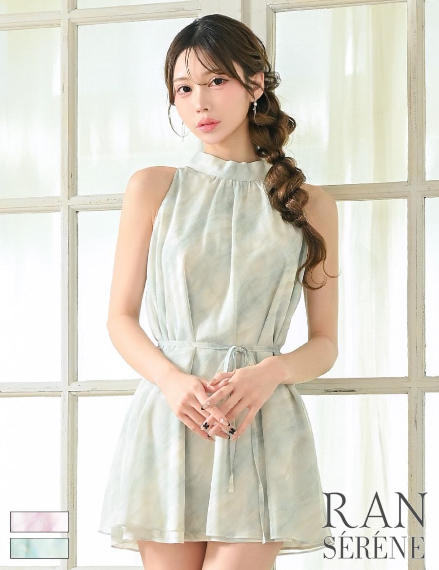 [即納][instock]【RANSERENE】ミニ/ドレス/ワンピース/グリーン/ミント/ホルターネック/フレア/タイダイ/リボン