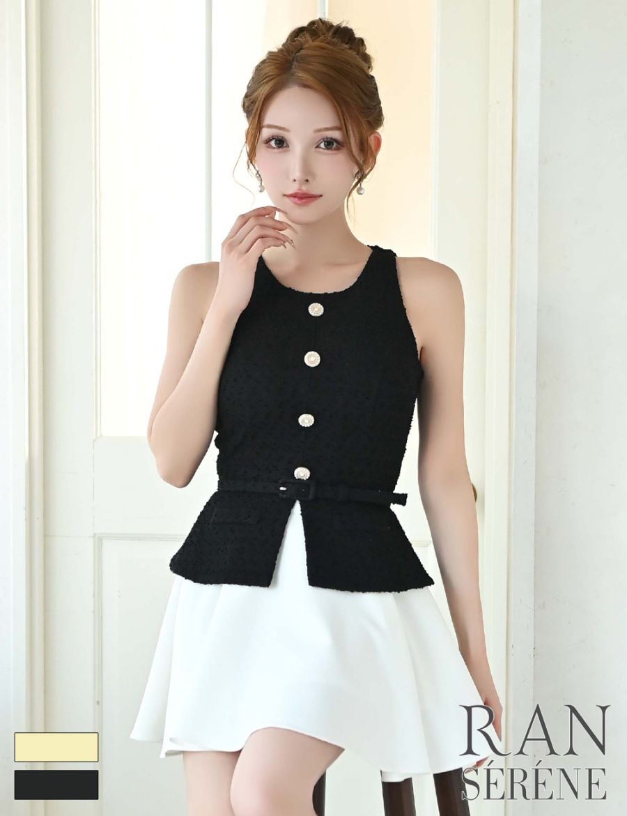 [即納][instock]【RAN SERENE】ミニ/ドレス/ワンピース/ブラック/フレア/レイヤード風/柄/ツイード/ベルト