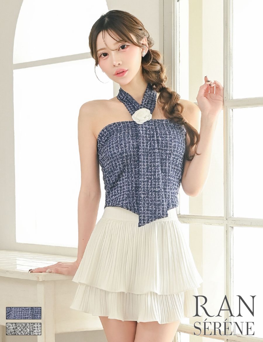 [即納][instock]【RAN SERENE】ミニ/ドレス/セットアップ/ネイビー/ホワイト/ホルターネック/フレア/柄/ツイード/コサージュ/ローズ