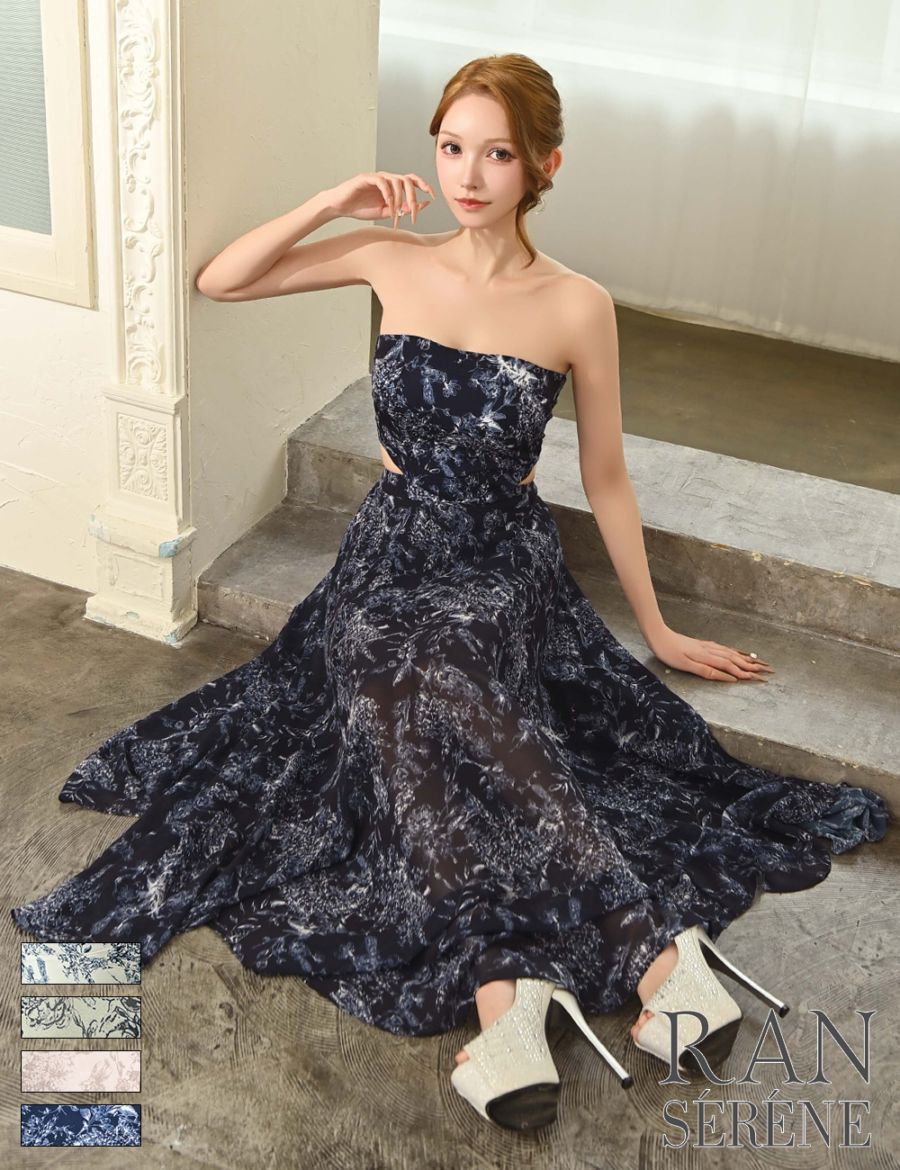[即納][instock]【RAN SERENE】ロング/ドレス/ワンピース/ネイビー/ベア/フレア/サイドカットアウト/柄/ボタニカル