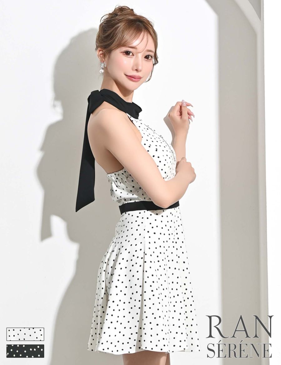 [即納][instock]【RAN SERENE】ミニ/ドレス/ワンピース/ブラック/ホルターネック/フレア/柄/ドット/リボン/ファスナー