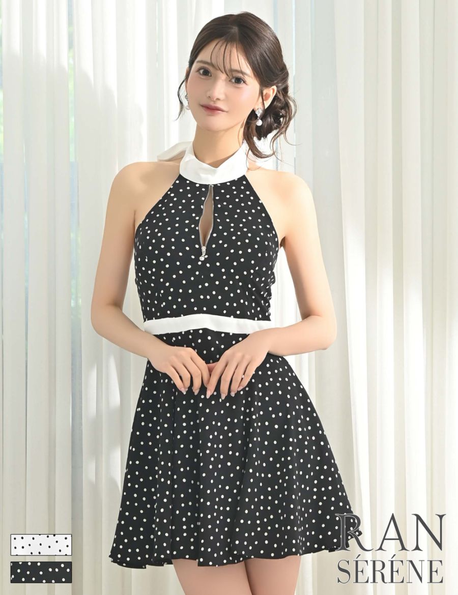 [即納][instock]【RAN SERENE】ミニ/ドレス/ワンピース/ブラック/ホルターネック/フレア/柄/ドット/リボン/ファスナー