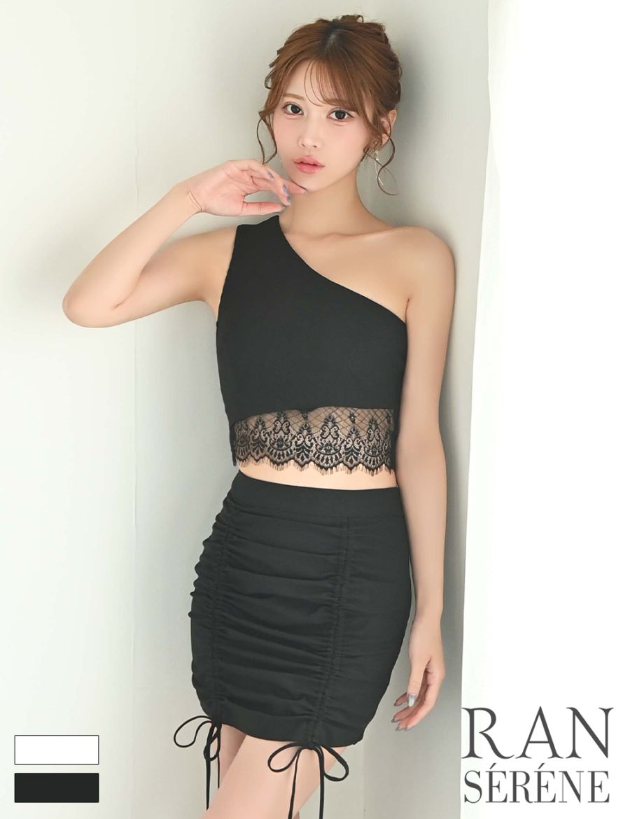 [即納][instock]【RAN SERENE】ミニ/ドレス/セットアップ/ブラック/ワンショル/タイト/レース/ドロスト/リボン