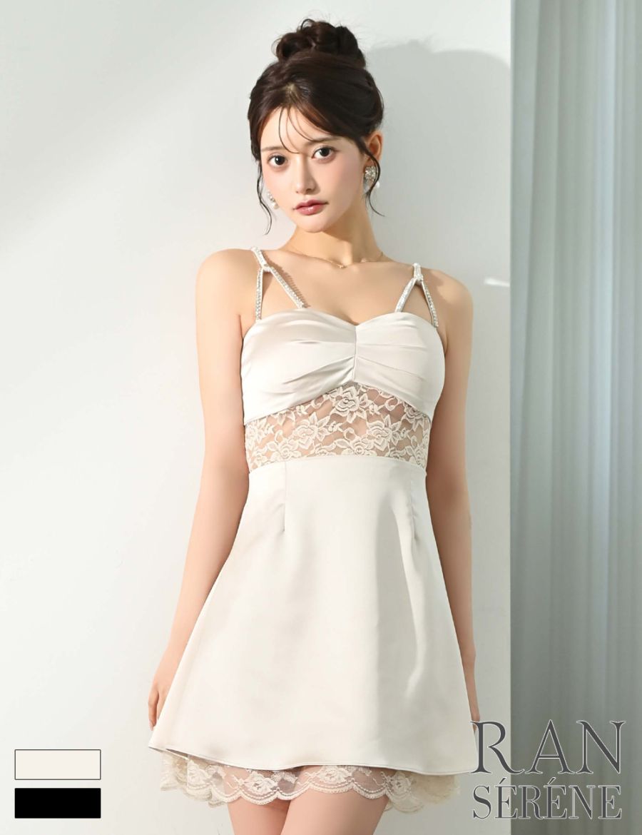 [即納][instock]【RAN SERENE】ミニ/ドレス/ワンピース/ベージュ/キャミ/フレア/ビジュー/サテン/レース