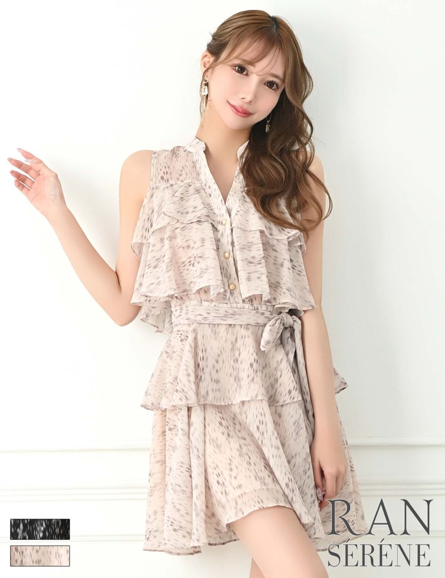 [即納][instock]【RAN SERENE】ミニ/ドレス/ワンピース/ベージュ/フレア/シフォン/柄