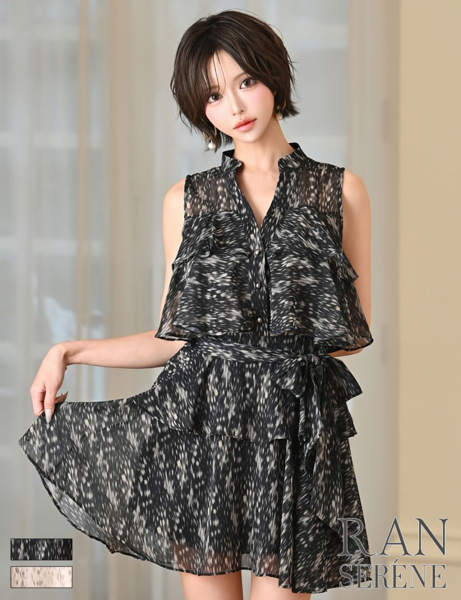 [即納][instock]【RAN SERENE】ミニ/ドレス/ワンピース/ブラック/フレア/シフォン/柄
