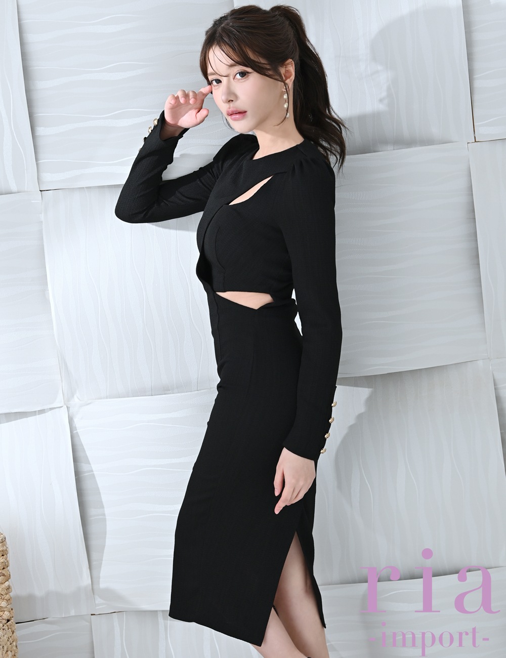 【ria】丈長/ドレス/ワンピース/ブラック/タイト/カットアウト/袖あり/長袖