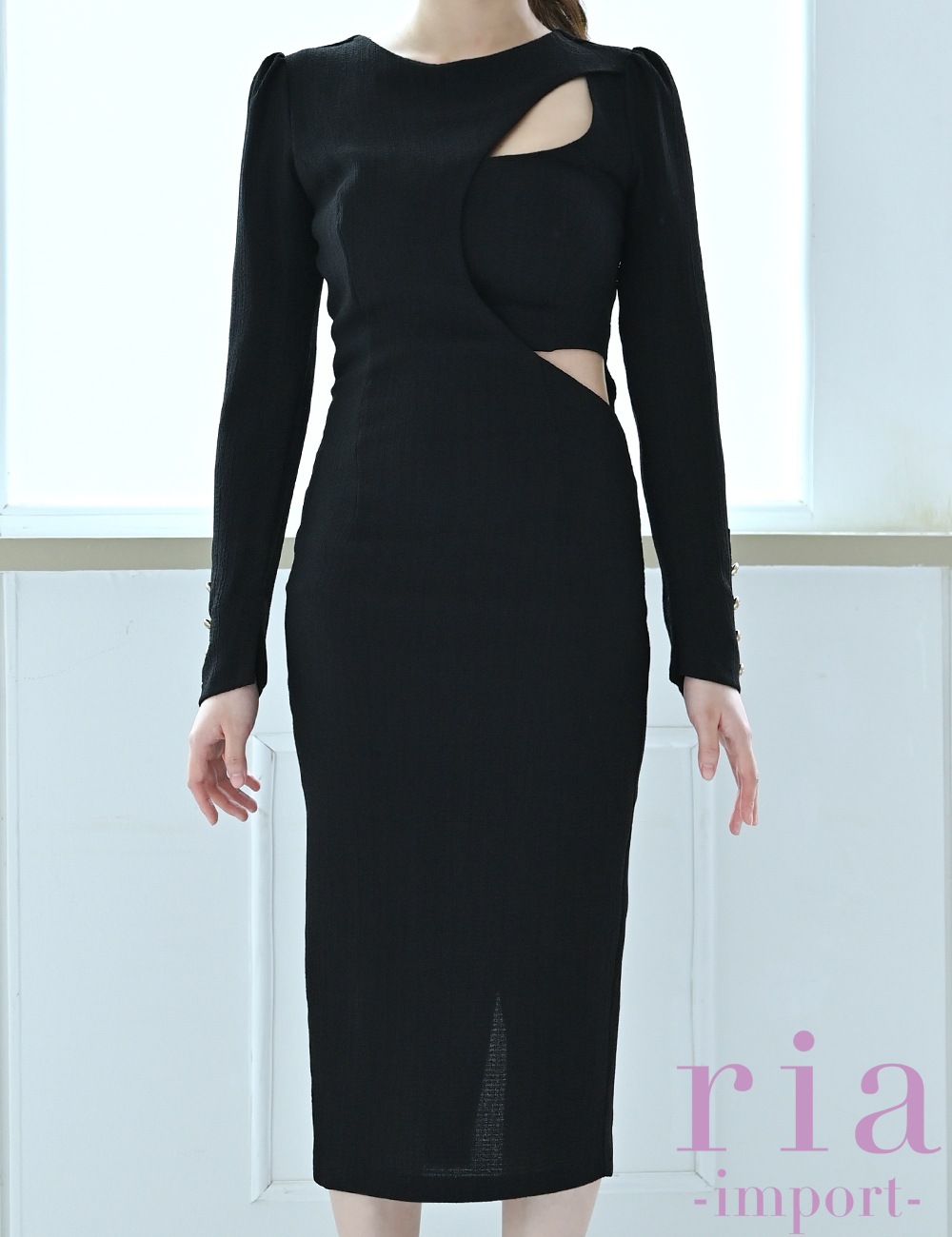【ria】丈長/ドレス/ワンピース/ブラック/タイト/カットアウト/袖あり/長袖