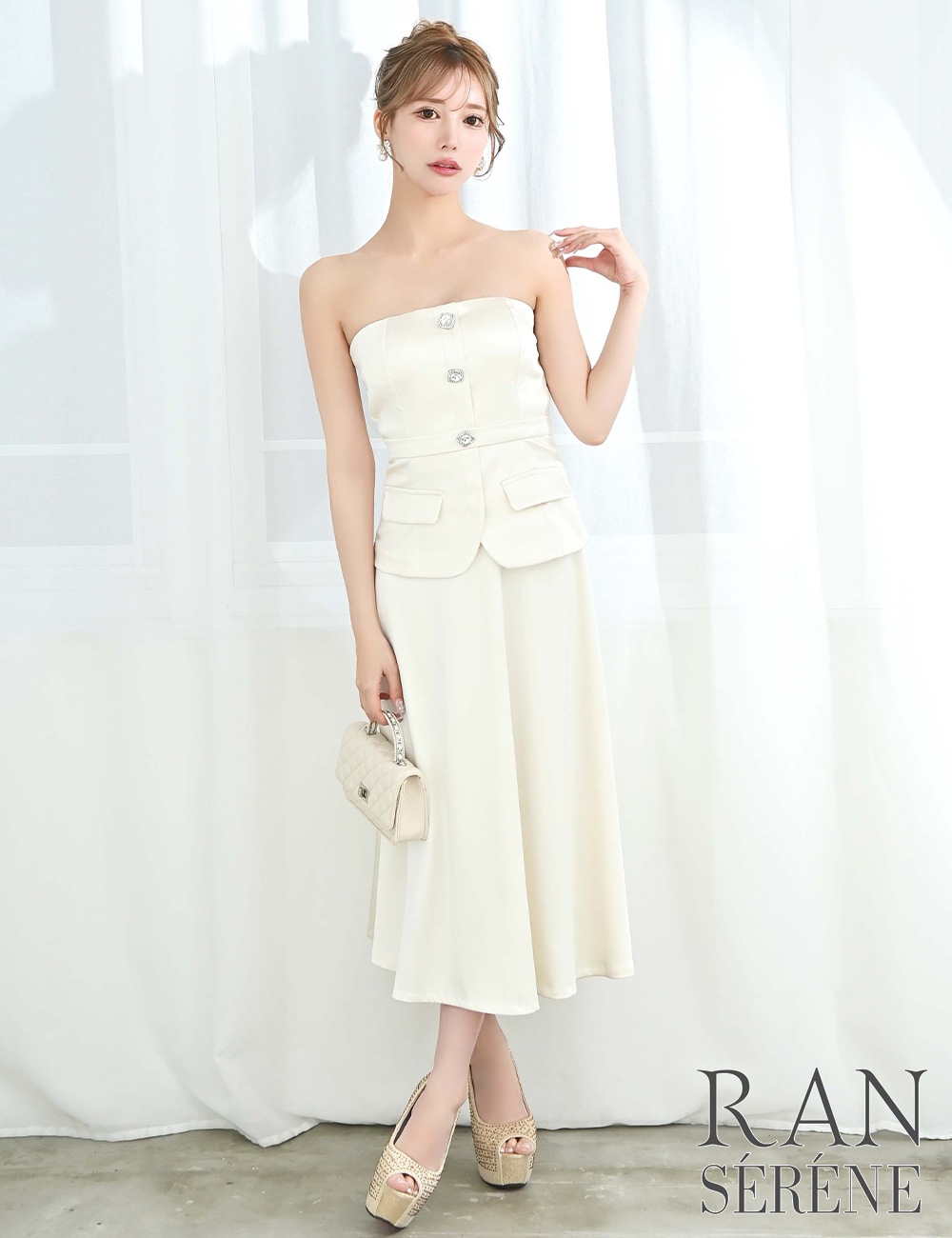 [即納][instock]【RAN SERENE】丈長/ドレス/ワンピース/アイボリー/ホワイト/ベア/フレア/サテン